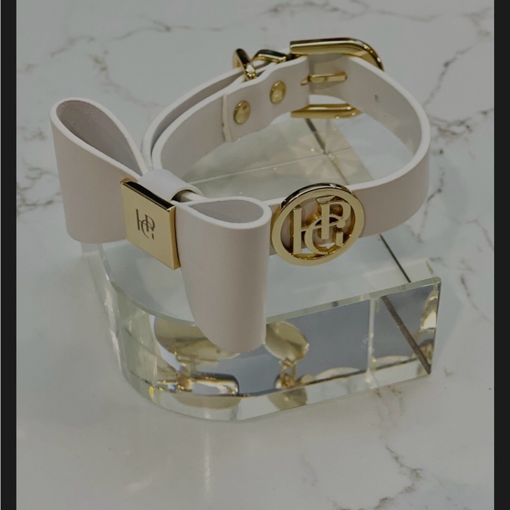 Snow Drop Leather Dog Collar, Gold Hardware & Removable Bow, X-Small